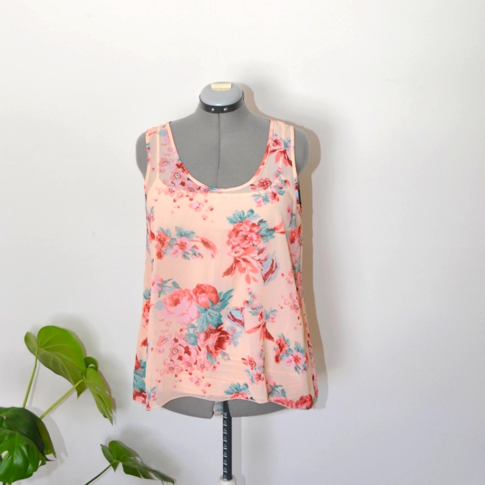 Forever 21 Sheer Floral Peach & Green Hi-Lo Tunic